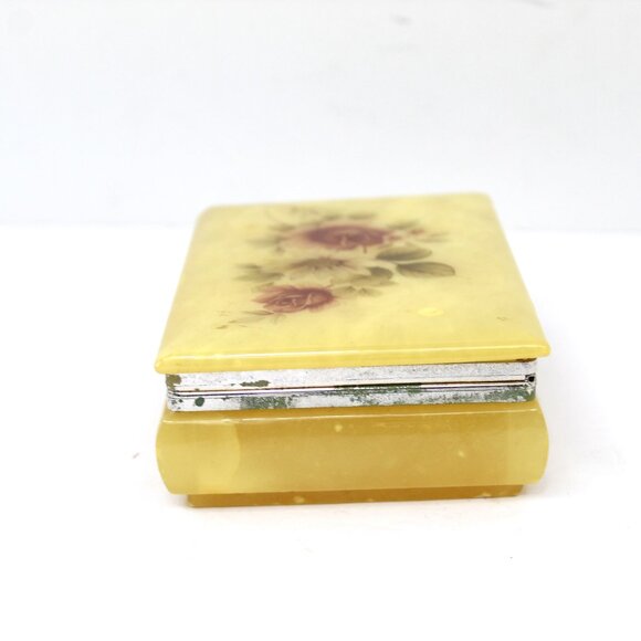 Vintage Genuine Alabaster Trinket Jewelry Box Yellow w/Flowers Created in Italy - Picture 10 of 11